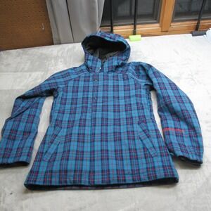 Bonfire Jacket Womens Medium Blue Plaid Hooded Insulated Winter Ski Snowboard